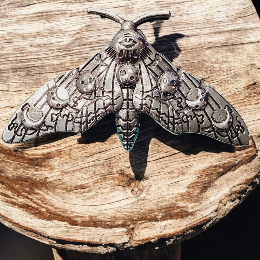 Gothic Moon Phase Moth Hair Clip Death Skull Insect Bug Barrett Silver Tone - Picture 3 of 15